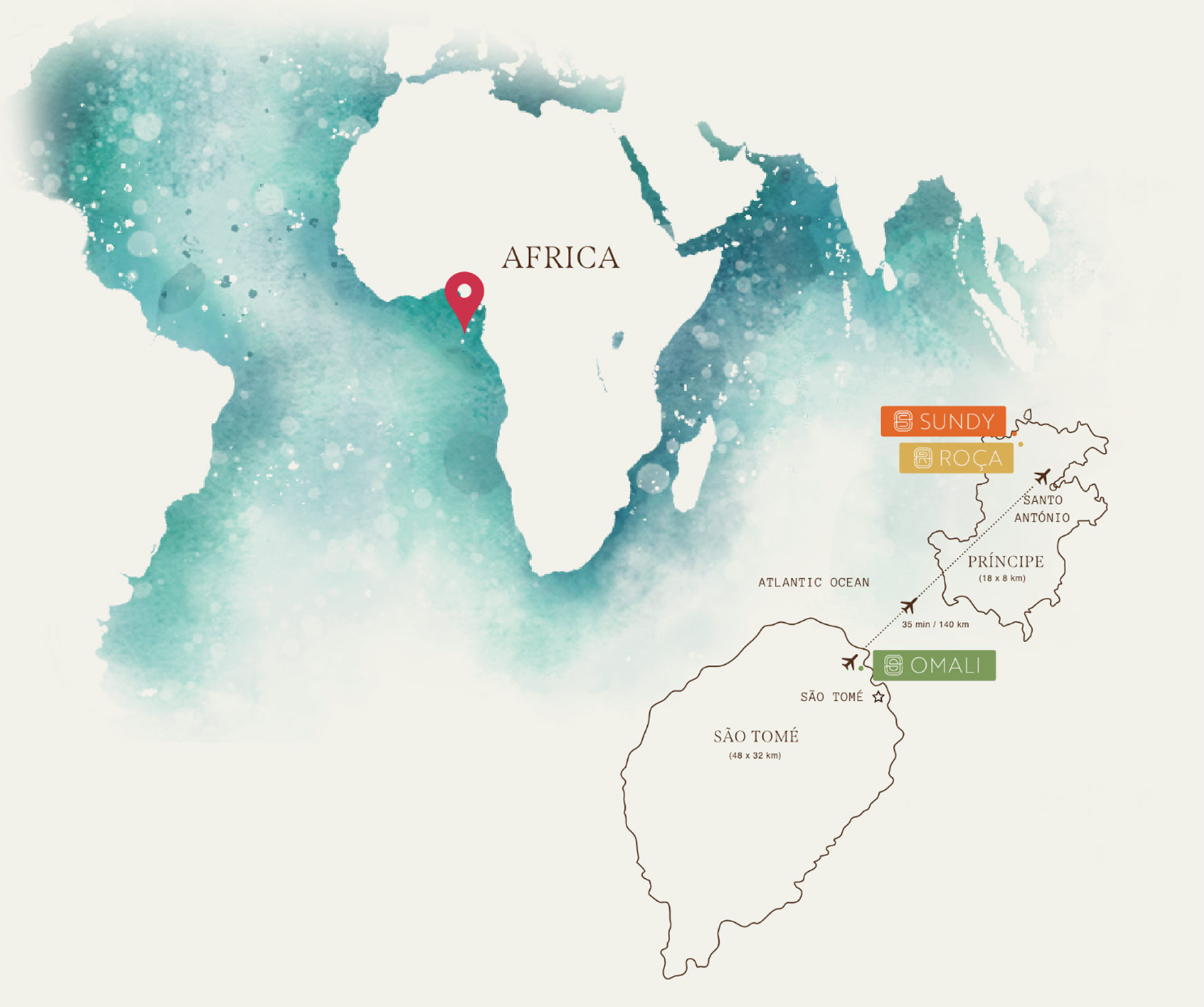 Karte von São Tomé und Príncipe mit Reiseroute zu den Unterkünften